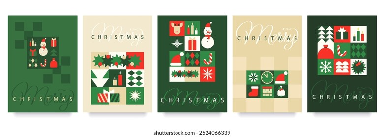 Feliz Navidades Conjunto de tarjeta de felicitación, cartel, cubierta de vacaciones. Diseño moderno de Navidad en estilo geométrico simple en colores verde, rojo, beige para anuncios, ventas, impresión, saludos de temporada, invitaciones