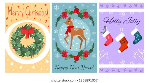 Merry Christmas set of greeting cards with cute Christmas wreath, deer and socks. Contains handmade decorative items. Fashionable vintage style.