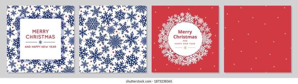 Merry Christmas set of greeting cards and seamless patterns with snowflakes and snow. Vector illustration.