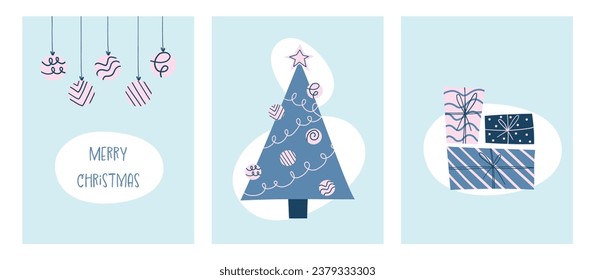 Merry Christmas set greeting cards, holiday covers. Modern Xmas design with triangle fir, balls and gifts in blue and pink colors in naive style. Christmas tree, ball, hohoho pattern