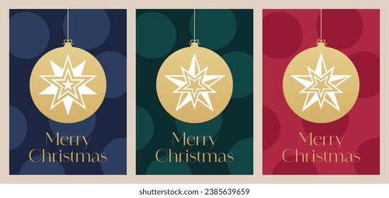 Merry Christmas Set of Christmas greeting cards, holiday cover, invitation template. Modern Christmas bauble design with gold text. Modern vector template set for Christmas cards.