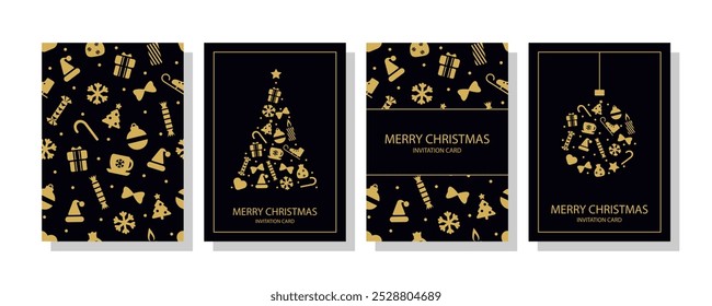 Merry Christmas Set greeting cards, posters, holiday covers. Luxury Corporate Holiday cards with Christmas tree and ball, ornaments, ornate frames, background and copy space. Gold on dark backdrop