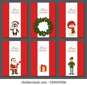 Merry Christmas. A set of greeting cards with cute cartoon Christmas symbols. Vector illustration.