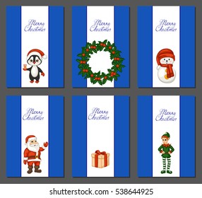 Merry Christmas set of greeting cards, posters, brochures on the blue background. The text and cute cartoon characters: Santa Claus, penguin, snowman, elf.