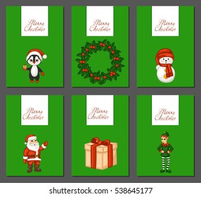 Merry Christmas set of greeting cards, posters, brochures. Vector illustration.