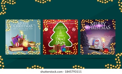Merry Christmas, set of greeting postcards with Christmas presents. Christmas square cards ready for print