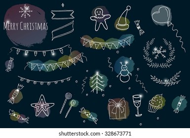 Merry Christmas set. Hand drawn set of design elements. Ribbon banner.