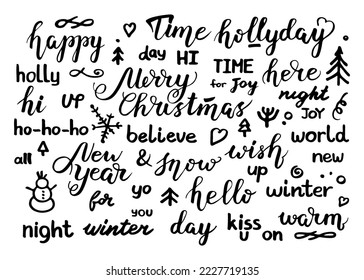 Merry Christmas. Set of handwritten lettering quote with Happy New Year phrase. Vector hand drawn calligraphy type