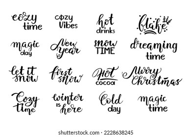 Merry Christmas. Set of handwritten lettering quote with Happy New Year phrase. Vector hand drawn calligraphy type