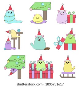 Merry Christmas set of holiday cats in cartoon style and pastel colors. Vector illustration - clip-art collection of cute pets, gifts, fir tree, sledge. Isolate objects on a white background
