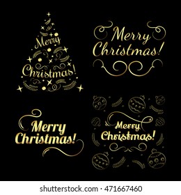 Merry christmas set for holiday design, party poster, postcard or invitation.  Holiday golden set. New Year golden elements.