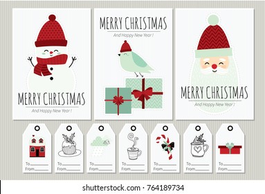 Merry Christmas. Set of holiday gift tags and greeting cards with santa, snowman, christmas birds and gift boxes.