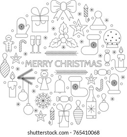 Merry Christmas. Set of icons of Xmas symbols in circular shape, made in line art style. Vector illustration. Template for poster, card, header, banner, icons, flat design, web elements, coloring page