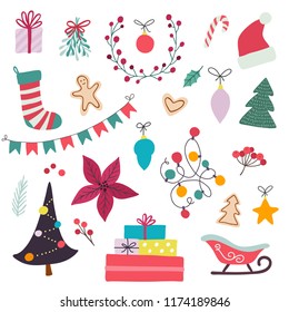 Merry Christmas! Set of isolated winter holiday clip art elements. Vector illustration 