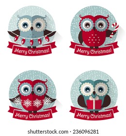 Merry Christmas! Set of labels with cute owls and ribbons. Collection of design elements isolated on white background. Flat style. Vector illustration.