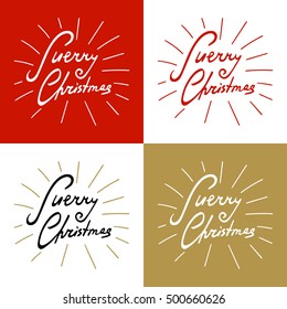Merry Christmas set. Lettering holiday template vector for greeting cards, logo, banner, flyer or party invitation. Calligraphy typography with light rays.