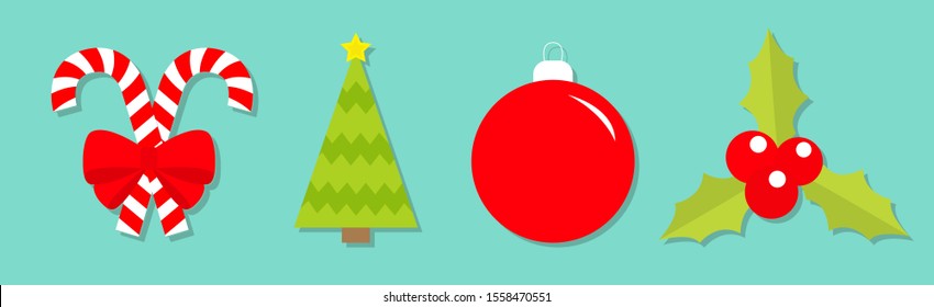 Merry Christmas set line. Candy Cane Bow Fir tree Ball Holly berry leaf. Two cute peppermint stick. Big red bow decoration. Greeting card. Flat design. Blue background. Isolated. Vector illustration