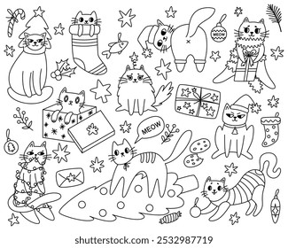 Merry Christmas. Set of line cats celebrating winter holiday. Cute cats wearing costumes, climbing Christmas tree and being naughty in flat cartoon style. Elements are isolated.