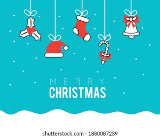 merry christmas set line icons hanging in snowscape vector illustration design