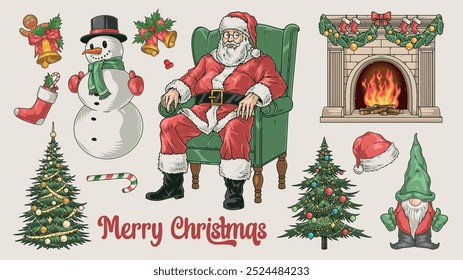 Merry Christmas set logotypes colorful with good Santa near fireplace and bells to decorate New Year tree vector illustration