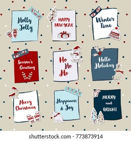 A Merry Christmas set of mix mini note tag wording, scrapbook, with snowman, Christmas tree, gift, bird, bear, bunny, bobble hat, wool gloves, decorated scrapbook wrapping paper season greeting.