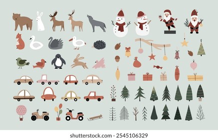 Merry Christmas set, New Year set, with cute elements for design. Christmas tree, Santa, deer, gingerbread, car, sled, bear, rabbit. For cards, banners, website, icons, fabrics