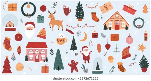 Feliz Navidad, ambientación de Año Nuevo, con adorables elementos para el diseño. Árbol de Navidad, santa, ciervo, pan de jengibre, velas, bola de nieve, corona de Navidad. Para tarjetas, banners, sitios web, iconos, tejidos