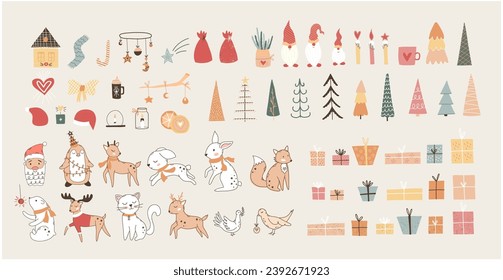 Merry Christmas set, New Year's set, with cute elements for design. Christmas tree, santa, cute animals, toys for the Christmas tree. For cards, banners, website, icons, fabrics