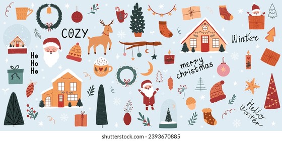 Merry Christmas set, New Year's set, with cute elements for design. Christmas tree, santa, deer, gingerbread, candle, snow ball, Christmas wreath. For cards, banners, website, icons, fabrics	
