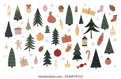 Merry Christmas set, New Year's set, with cute elements for design. Christmas tree, bell, candle, Christmas tree toys, pine cone, gifts, socks. For cards, banners, website, icons, fabrics