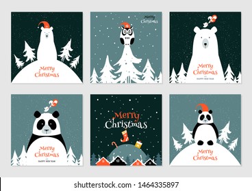 Merry Christmas set with polar bear and panda. Ideal for greeting card, poster or web design.