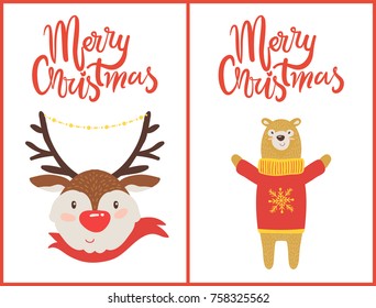 Merry Christmas set postcards deer dressed in red woolen scarf and bear in sweater with knitted snowflake vector illustration xmas symbols posters