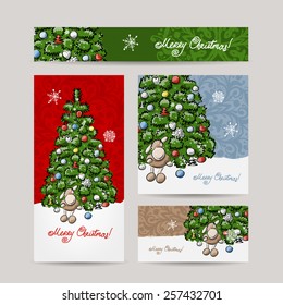 Merry christmas, set of postcards with winter tree