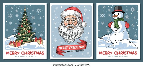 Fröhliche Weihnachts-Set-Poster bunt mit Weihnachtsmann und Schneemann oder Neujahrsbaum unter fallenden Schneeflocken Vektorgrafik