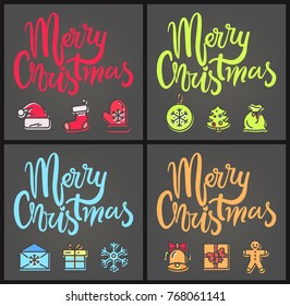 Merry Christmas set of posters with colorful topical icons on gray background. Vector illustration with bell decorated with bow and Santa Claus hat