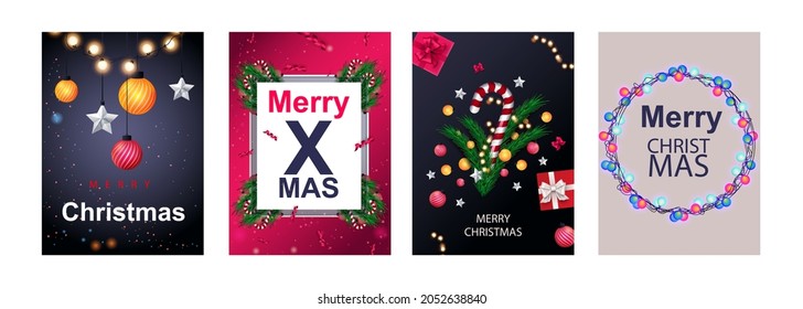 Merry Christmas set of posters or flyers greeting cards design with tree branch and Christmas ball. New Year 2022 cover design. Xmas brochure layout. Vector illustration with realistic elements.