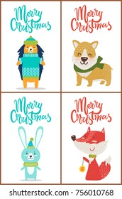 Merry Christmas set of posters with funny animals dressed in sweaters and funny hats. Vector illustration with friendly dog, fox and hare on white background