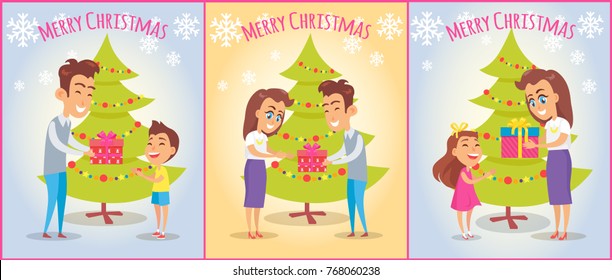 Merry Christmas set of posters with happy family celebrating winter holidays. Vector illustration with parents giving gifts to their smiling kids
