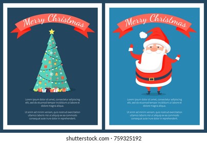 Merry Christmas set of posters with Santa Claus and bright decorated traditional tree. Vector illustration with xmas symbol on blue background
