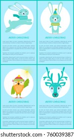 Merry Christmas set of posters with smiling animals dressed in warm clothes with sparklers. Vector illustration posters with text on blue background