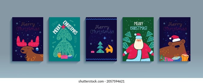 Merry Christmas set of posters, template greeting cards, flyers. Happy New Year cute cartoon illustration. Vector collection