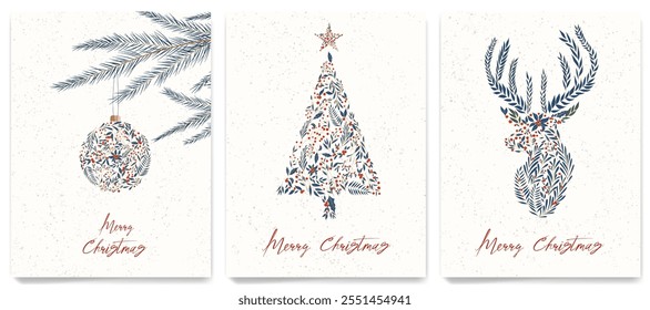 Merry Christmas. Set of Christmas posters with a tree, a deer, a Christmas ball with a pattern of leaves and berries for decorating cards, greetings, invitations, social media, covers.
