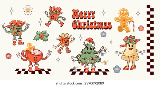 Merry Christmas. A set of retro characters in a cartoon style groovy. Atmosphere of the 60's and 70's. Merry Christmas and Happy New Year.