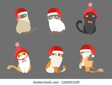 Merry Christmas with set of santa claus costume cats in different breeds and different poses on grey background. Vector illustration character design. 