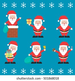 Merry Christmas. Set of Santa Claus with gifts and Christmas items.