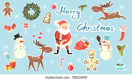 Merry Christmas set. Santa Claus with snowman, deer and gingerbread, gifts and decorations.
