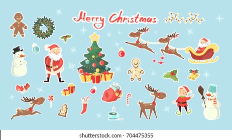 Merry Christmas set. Santa Claus with snowman, deer and gingerbread, gifts and decorations.