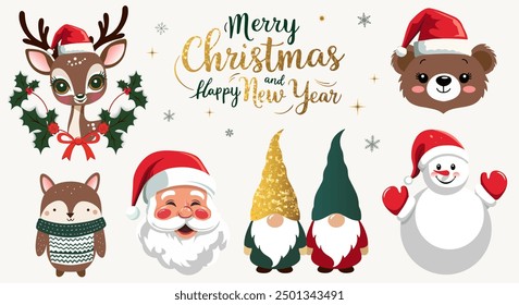Merry Christmas set with Santa, lettering, winter animals, gnomes. Winter characters set. For banner, card, package.