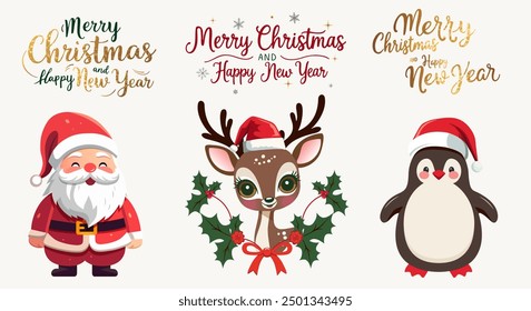 Merry Christmas set with Santa, winter animals in hats, gold lettering. For banner, card, package. Merry christmas calligraphy.