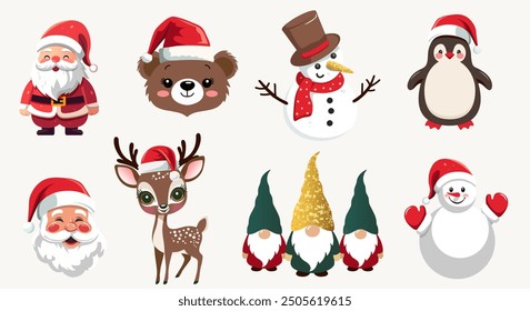 Merry Christmas set with Santa, winter animals in hats, gnomes. Winter characters set. For banner, card, package.